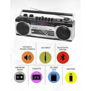 Riptunes Retro AM/FM/SW Radio + Cassette Boombox with Bluetooth and USB/SD card